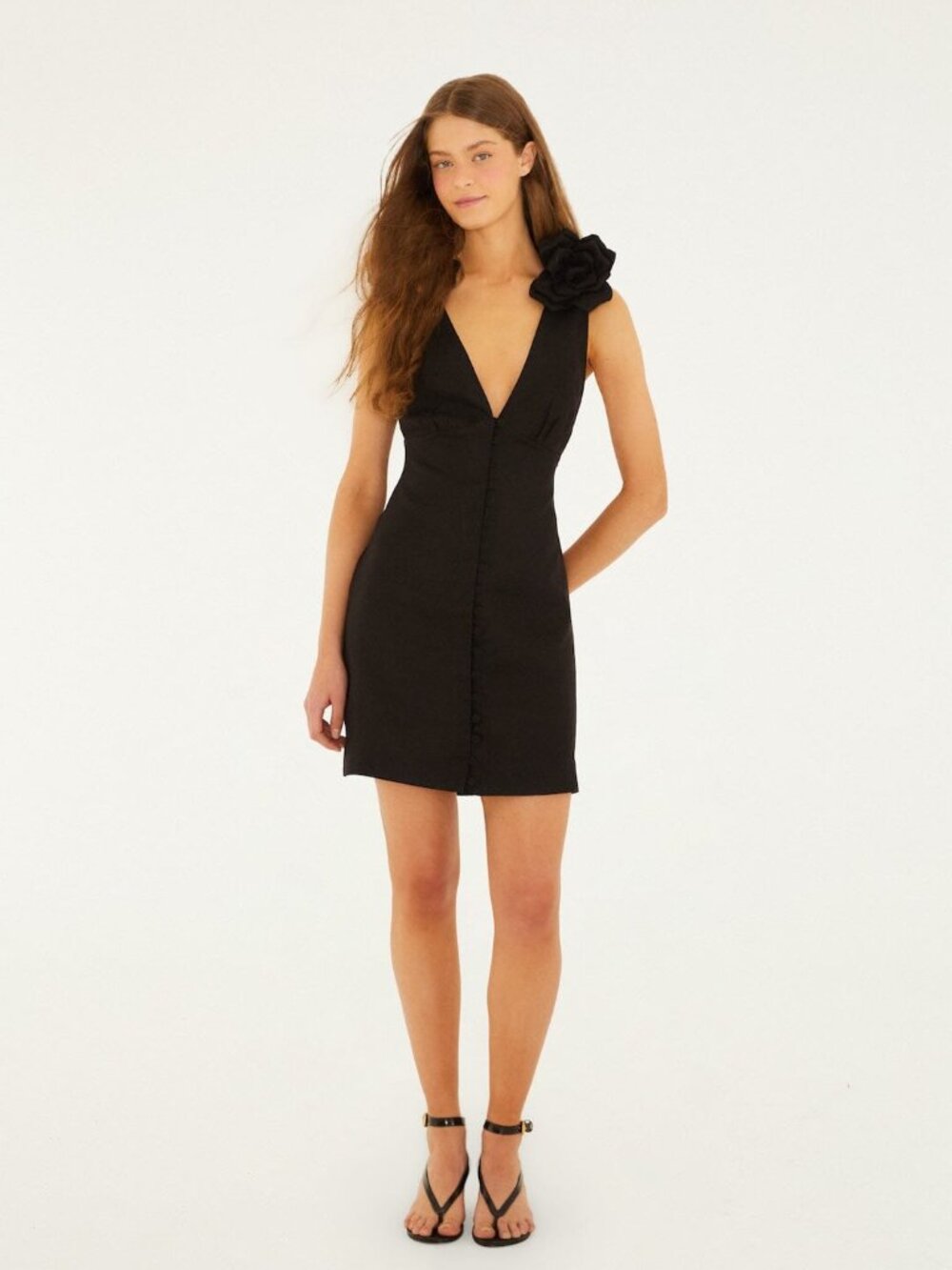 NWT, Black 3d Flowers Sleeveless Mini Dress, 100% linen size L